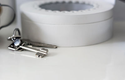 High angle view of coffee cup on table