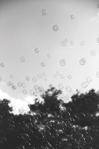 Close-up of wet glass window against sky