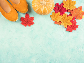 High angle view of maple leaves on table