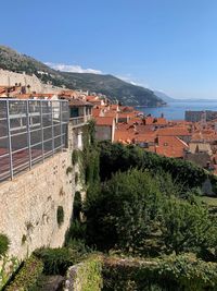 High angle view of buildings against sky