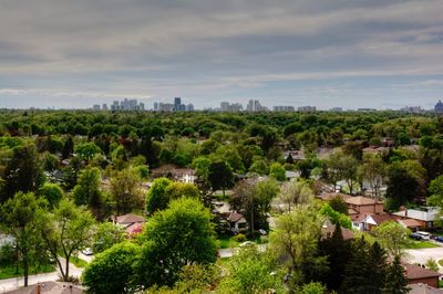 High angle view of trees and buildings against cloudy sky