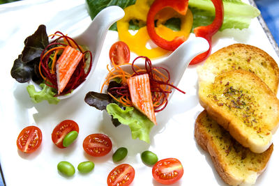 High angle view of meal served on table