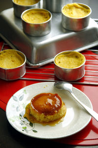 High angle view of breakfast served on table