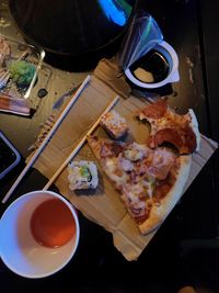 High angle view of food served on table