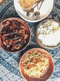 High angle view of food served on table