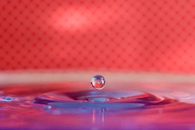 Close-up of water drop against pink background