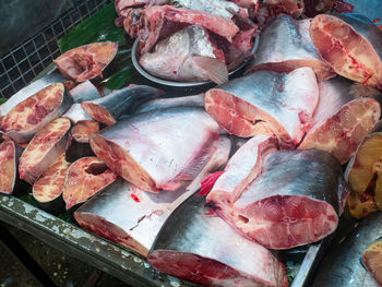 High angle view of fish for sale in market