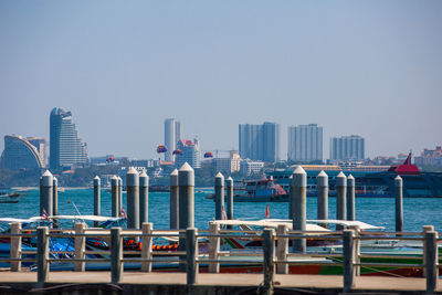 Panoramic view of buildings in city against clear sky