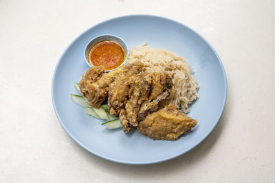 High angle view of food in plate on table