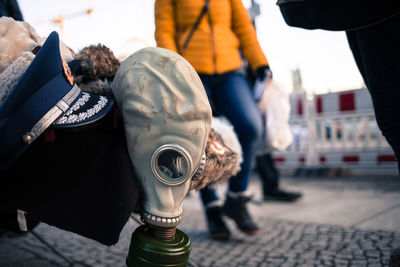 Close-up of gas mask for sale at market stall