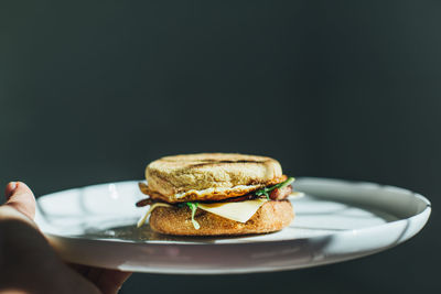 Cropped hand holding burger in plate against wall