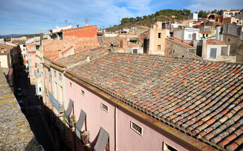 High angle view of residential district against sky