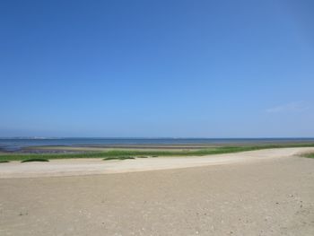 Scenic view of sea against clear blue sky