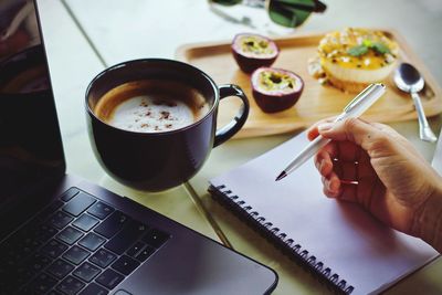 High angle view of coffee cup on table