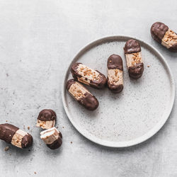 High angle view of cookies in plate on table