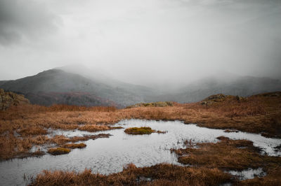 Scenic view of lake and mountains against sky