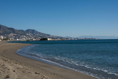 Scenic view of sea against clear blue sky