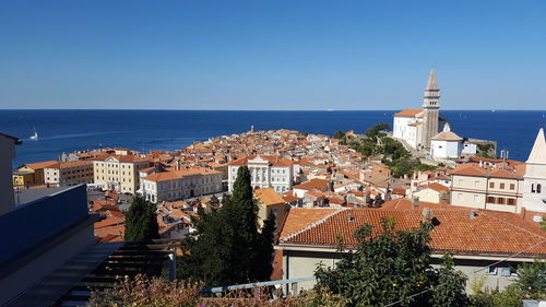 Panoramic view of townscape by sea against clear blue sky