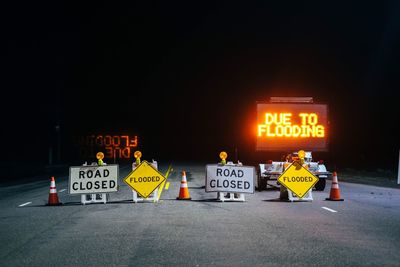 Illuminated road sign at night