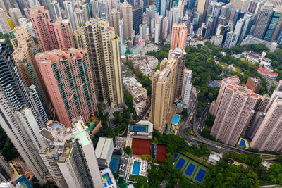 High angle view of modern buildings in city