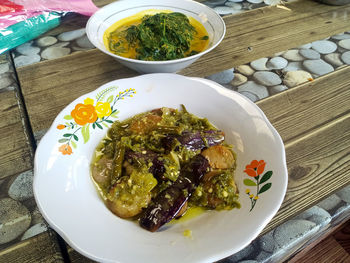 High angle view of meal served on table