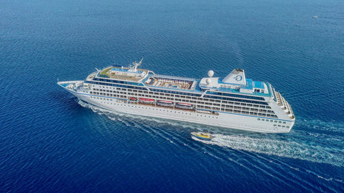 High angle view of ship sailing in sea