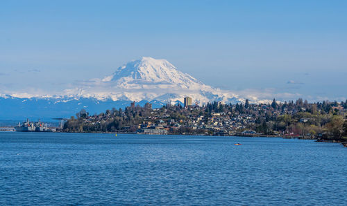 Scenic view of snowcapped mountains against blue sky