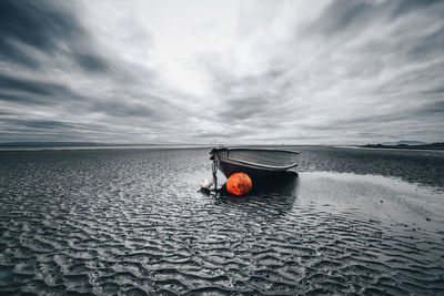 Container ship on beach against sky