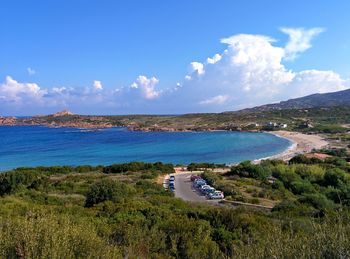 High angle view of sea against blue sky