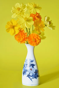 Close-up of yellow flowers on table