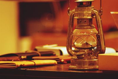 Close-up of camera on table