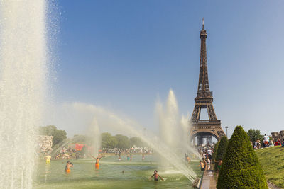 Low angle view of fountain against sky