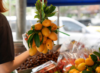 Midsection of man holding fruits