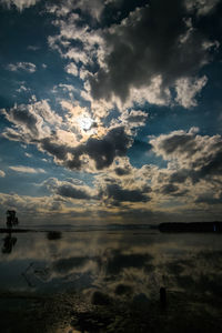 Scenic view of lake against dramatic sky