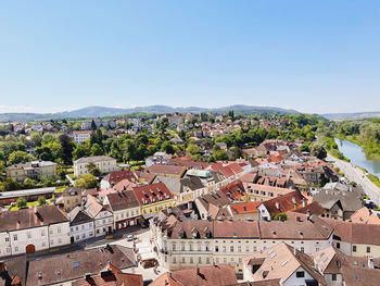 High angle view of townscape against clear sky