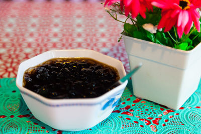 Close-up of food served on table