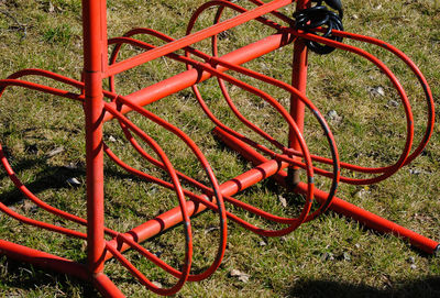 High angle view of bicycle wheel on field