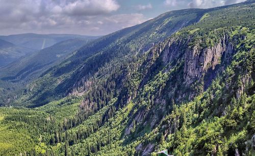 High angle view of green landscape against sky