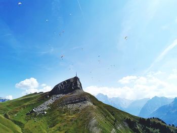 Low angle view of mountain range against sky