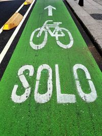 Bicycle lane sign and text on road