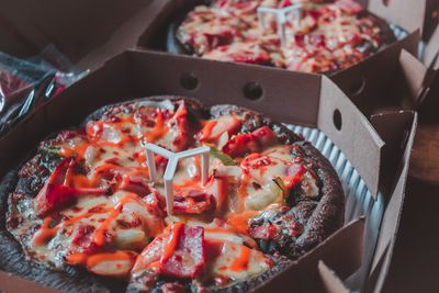 High angle view of pizza in plate