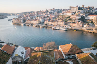 High angle view of river amidst buildings in city