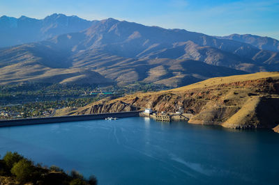 Scenic view of river amidst mountains against sky