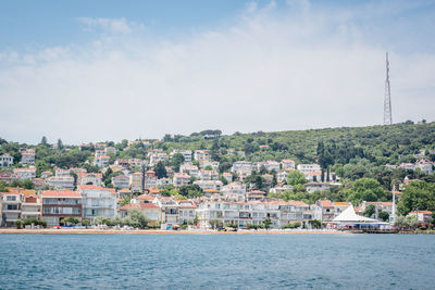 Townscape by sea against sky