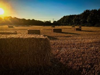 Hay bales on field against sky