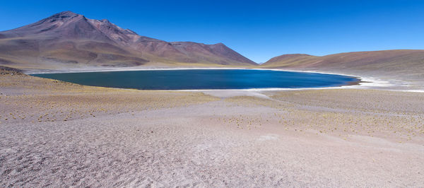 Scenic view of desert against clear blue sky