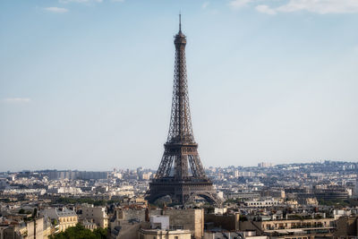 Eiffel tower viewed from top of arc de triomphe. famous landmark in paris, france.