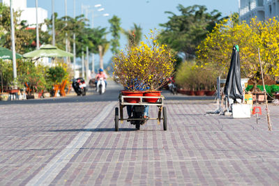 People on footpath by street in city