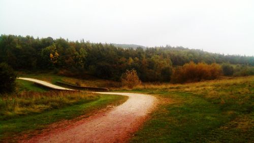 Road amidst trees in forest against clear sky