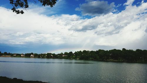 Scenic view of river against cloudy sky